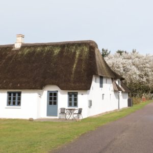 a white house with a thatched roof